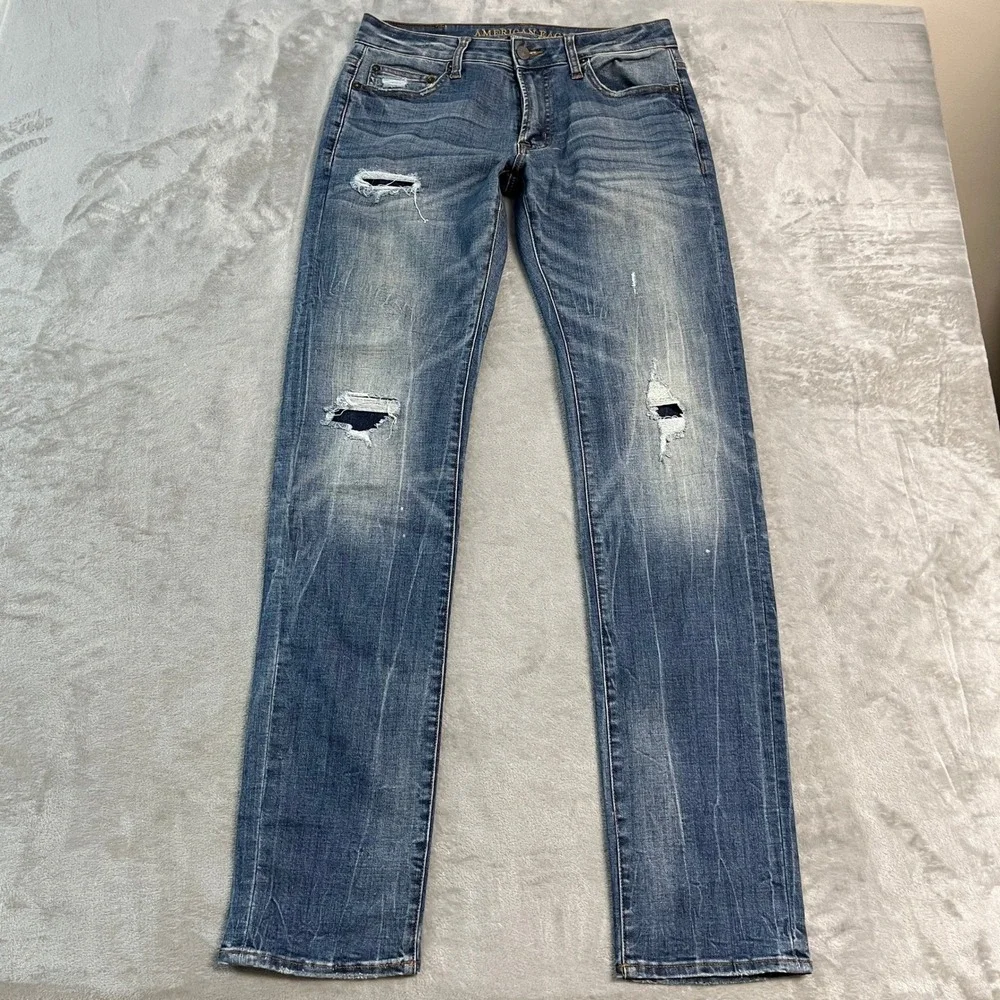 American Eagle Slim Straight Extreme Flex 4 Jeans Mens Blue Distressed 30x36